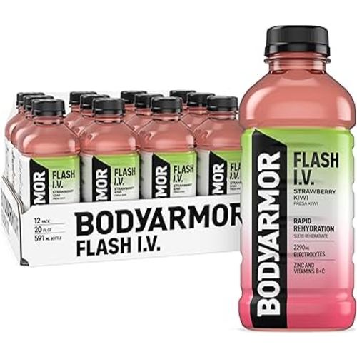 BODYARMOR Flash I.V. Electrolyte Beverage, Strawberry Kiwi, Hydration Drink with Coconut Water For Rapid Rehydration, Post Workout Recovery, 20 Fl Oz (Pack of 12)