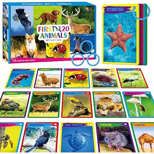 My First 120 Animals, 60PCS Realistic Zoo Animal Cards Farm/Wild/Marine Animals/Insects/Birds Flashcards Montessori & Science Educational Toys Preschool Learning for Homeschool Preschool Toddler Kids