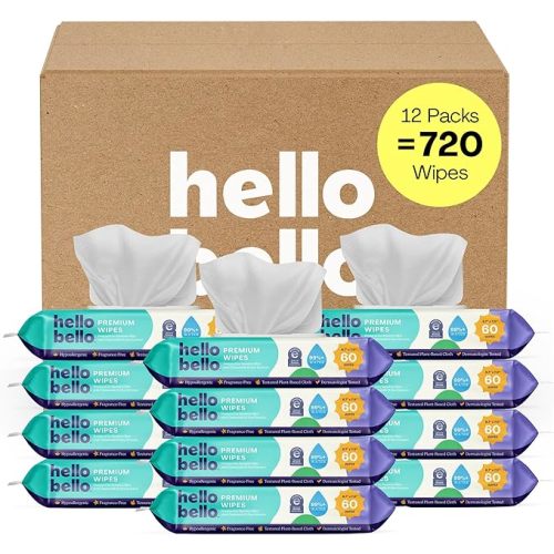 Hello Bello Premium Fragrance-Free Baby Wipes, with Chamomile & Aloe Extracts for Sensitive Skin - 18 Resealable Packs = 1080 Total Wipes