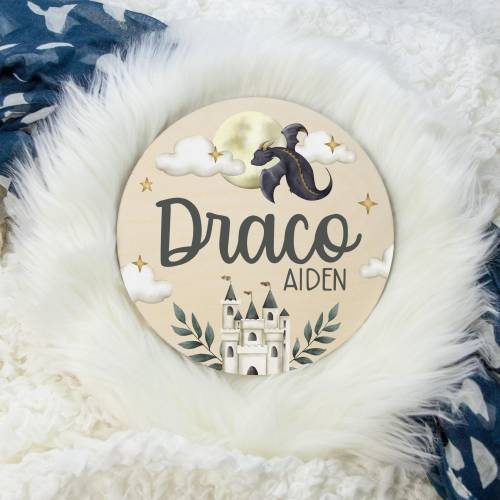 Dragon Round Wood Name Sign, Dragon Baby Name Sign, Round Wood Baby Name Sign, Baby Announcement Sign, Dragon Theme Nursery Decor B54