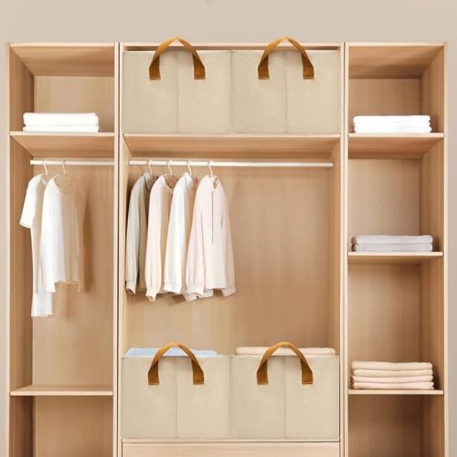6 Pack Closet Cloth Storage Bins for Shelves, Medium Storage Baskets for Shelves, Fabric Bins for Closet organization with Handles( Beige 15''L x 10.2''W x 7.5''H)