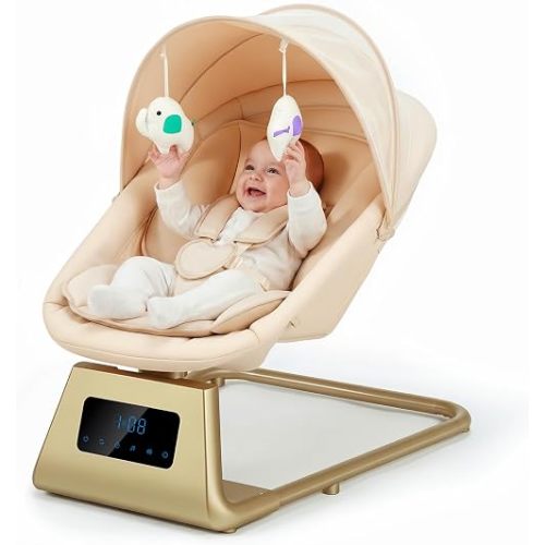 Pamo Babe Portable Baby Swing - Electric Baby Rocker with Cry Detection, 5 Swing Speeds, Bluetooth & Remote Control, Adjustable Backrest, Indoor & Outdoor Swing Chair for Newborn Babies - Beige