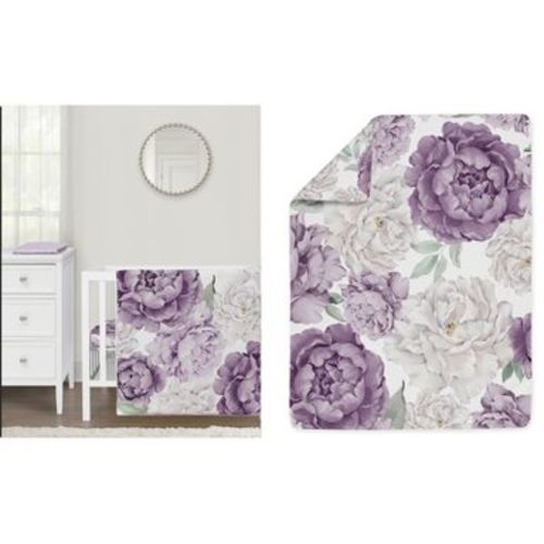 Sweet Jojo Designs Girl Baby Mini Crib Bedding Set - Peony Floral Garden Lavender Purple and Ivory 3pc