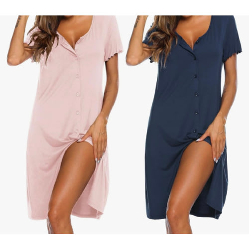 Ekouaer 2 Pack Nightgowns for Women Button Down Night Shirts Short Sleeve Sleep Shirts V Neck Sleepwear Pajama Dress