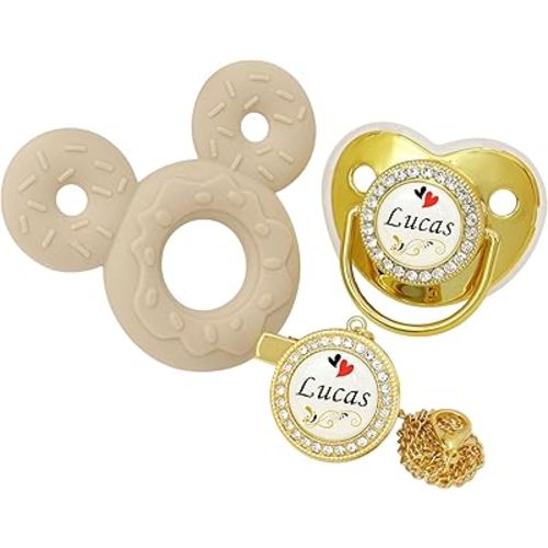 Personalized Pacifier And Pacifier Clip Set With Name,Custom Pacifier,Custom Name & Chain，Silicone Teethers Toys, Luxurious Ideal Gift For Newborns (Golden)
