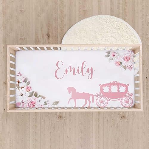 Personalized Baby Crib Sheets for Girls, Custom Princess Fitted Crib Bed Sheets with Name, Breathable Standard Crib Mattress Sheets(52"x 28"x 8")