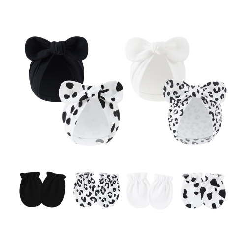 Pack of 4 Set Cotton Baby Turban Hat with Bowknot Design & Gloves for Newborns Girls Boys 0-6 Months Unisex Headwear