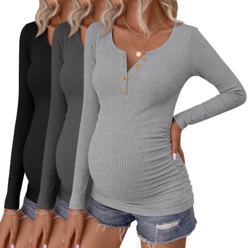 Huukeay 3 Pack Womens Maternity Long Sleeve Shirts Pregnancy Top | Ribbed Cotton Maternity Tops, Henley Pregnancy Outfits, Stretchy Side Ruched Casual Mom Tees, Fall Winter Maternity Clothes