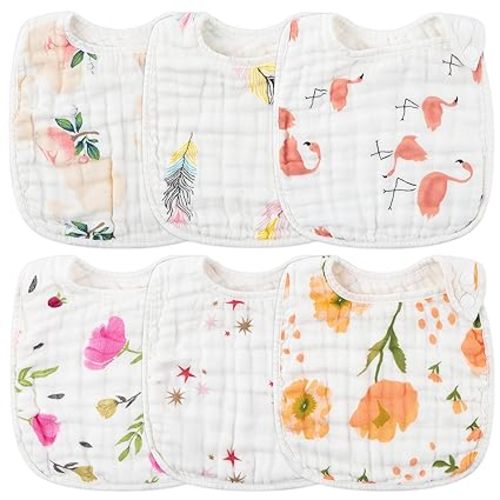 Zainpe 6Pcs Snap Muslin Cotton Bibs for Baby, Flamingo Star Flower Machine Washable Adjustable Burp Cloths with 6 Absorbent Soft Layers for Infant Newborn Toddler Drooling Feeding and Teething