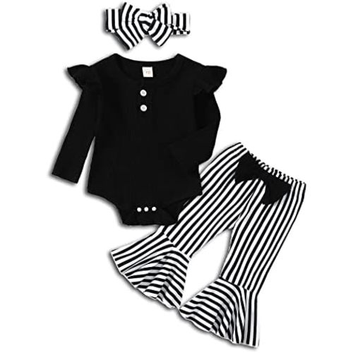 Newborn Baby Girl Clothes Ribbed Ruffled Romper+Striped/Cow/Leopard Flared Pants Infant Outifts 0-18 Months