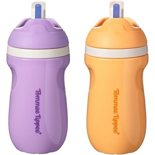 Tommee Tippee Insulated Sporty Spill-Proof 9oz Straw Training Sippy Cups for Toddlers 1-3, Sporty Carry Handle, Bite Resistant Spout, Flip Lid Keeps Straw Clean, BPA Free, Purple and Orange, Pack of 2