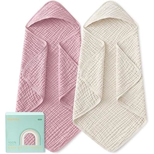 Yoofoss Hooded Baby Towels for Newborn 2 Pack 100% Muslin Organic Cotton Baby Bath Towel with Hood for Babies, Infant, Toddler and Kids, Large 32x32Inch, Soft and Absorbent Newborn Essential