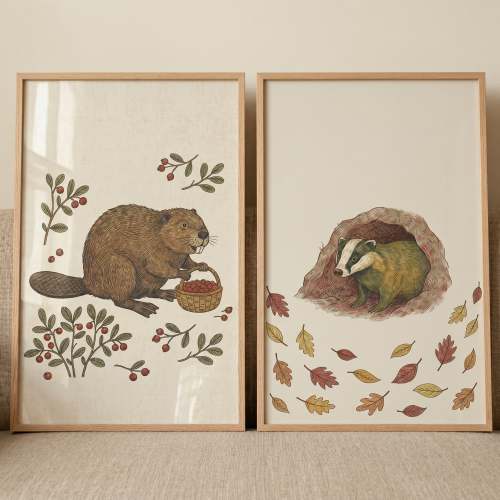 Classic Storybook Woodland Animals Wall Art Set of 2 - Woodland Berry Harvest