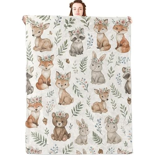 Woodland Animal Flannel Blanket,Watercolor Fox,Deer,Bunny,Raccoon and Bear Throw with Floral Crown and Leaf,Lightweight Fleece Blankets for Nature Lover,Couch,Bed,Camping Decor Gifts,50x40in