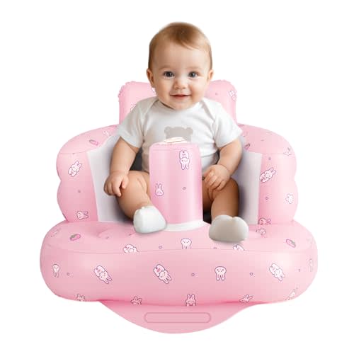 AirSwim Inflatable Baby Seat, Inflatable Baby Chair with Built-in Pump | Blow Up Baby Chair for Babies From 3 Months, Baby Sit Up Chair Floor Sofa for Learning to Sit, Palying, Camping, Strawberry