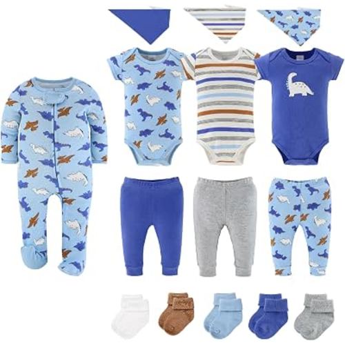 The Peanutshell 15-Piece Baby Boy Clothing Gift Set, Baby Boy Essentials, Mix and Match Outfits, Dinosaur