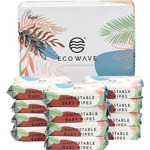 Eco Wave Baby Wipes, 100% Compostable Eco-Friendly Bamboo Wipes, Unscented, Hypoallergenic, Vegan, Alcohol-Free, Suitable For Sensitive Skin (Pack of 12)