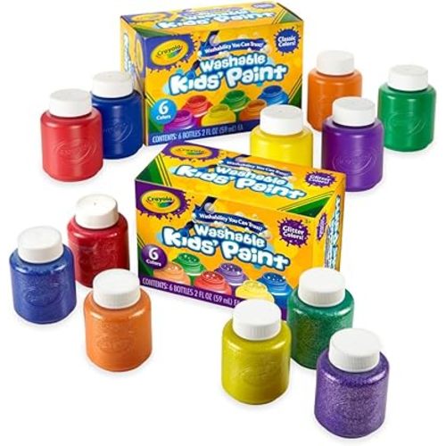 Crayola Washable Kids Paint Set (12ct), Classic and Glitter Paint for Kids, Essential Arts & Crafts Supplies, Toddler Painting Kit, Teacher Classroom Must Have [Amazon Exclusive]