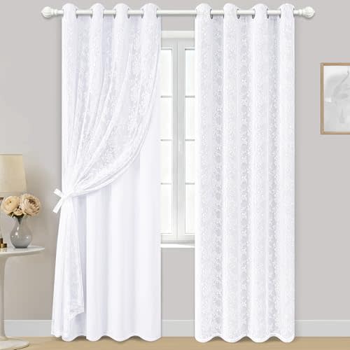 Yinhua White Curtains for Living Room Double Layer Blackout Curtains for Bedroom 84 Inches Long Nursery Curtain with Tiebacks, Thermal Insulation Grommet Drapes for Dining Room, 52" W x 84" L
