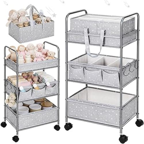 Yookeer 2in1 Baby Diaper Caddy Organizer Cart 3 Tier Large Capacity Metal Utility Bedside Rolling Cart with Divider Newborn Registry Gift Nursery Essential Must Have Bedroom Baby Shower(Gray,Star)