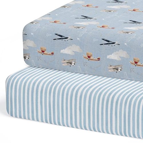 2-Pack Crib Sheet for Standard Crib & Toddler Mattress (Watercolor Airplanes and Clouds) - Premium Fitted Baby Crib Sheets - Buttery Soft Cotton Blend - Crib Mattress Sheets Fitted - Baby Bed Sheets
