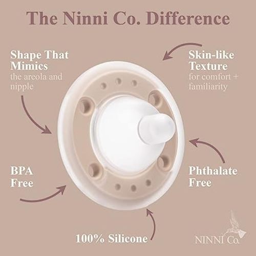 Ninni Co Breastfeeding Promoting Pacifier - Patented Orthodontic Pacifier with Natural Skin Texture and Nipple Shape Supporting Healthy Orofacial Development - Oatmeal (2 Pack) - 1 Count (Pack of 2)