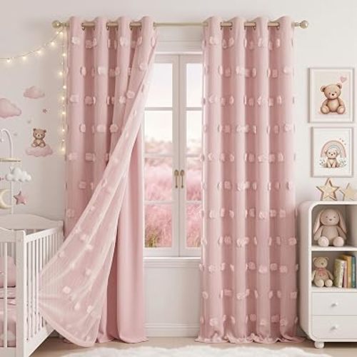 MYSKY HOME Cortinas rosas para dormitorio de niñas, cortinas opacas de 84 pulgadas de largo, cortinas opacas de 2 capas de pompones rosados, superposición transparente, decoración de niños pequeños