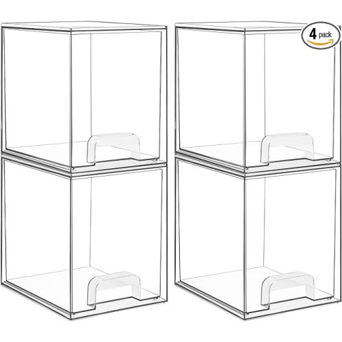Vtopmart 7.6" H Clear Stackable Storage Drawers, 4 Pack Plastic Organizers Bins for Skincare, Cosmetics,Beauty Supplies,Ideal for Vanity, Bathroom,Kitchen Countertop,Cabinet Organization