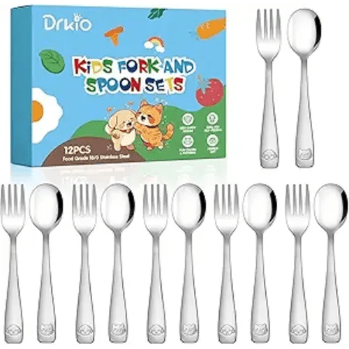 DRKIO Stainless Steel Toddler Utensils Set - 12 Pieces Kids Silverware Set Children Safe Food Grade Small Forks and Spoons Dishwasher Safe Mirror Polished