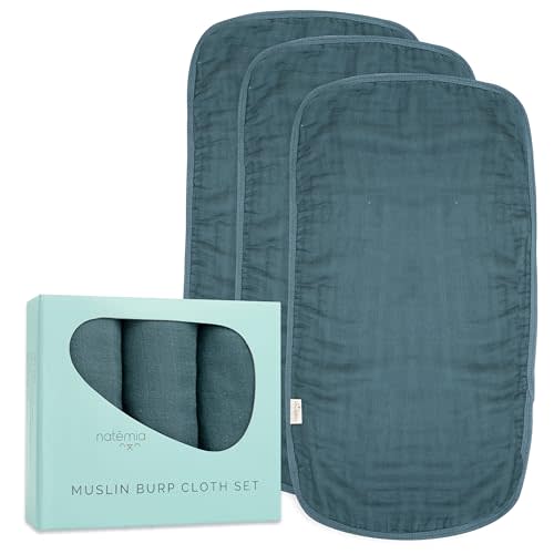 Natemia Ultra Soft Muslin Burp Cloths – Large, Super Absorbent Baby Burp Cloths for Newborn Spit Up - Machine Washable for Drool and Messes Essentials for Boys & Girls, 3 Pack