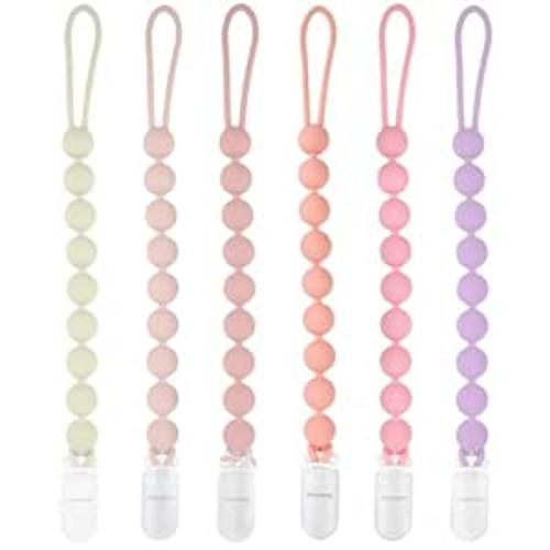 MINMUNJIU Silicone Pacifier Clip Holder, 6 Pack One Piece Soft Flexible Binky Clips Pacifier Holder Clip for Girls, Baby Girl Newborn Essentials