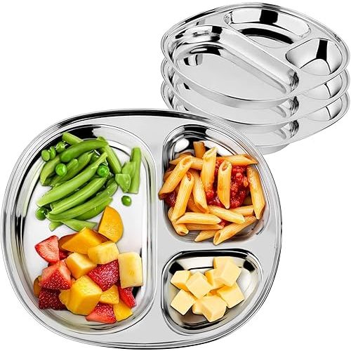 Ahimsa Stainless Steel Plates for Kids - Divided Plates for Toddlers, Pediatrician Designed, Non Toxic Toddler Plate, Camping Plate, BPA Free & Dishwasher Safe (Set of 4)