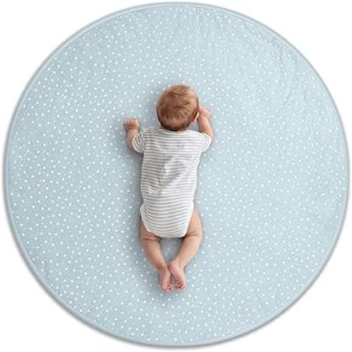Byrd & Blume Round Baby Play Mat, Organic Cotton Soft Padded Nursery Floor Mat, Safe Hypoallergenic Baby Mat, Reversible, Foldable, Portable Infant Tummy Time Mat Fits Tents & Playpens (40"x40") Blue