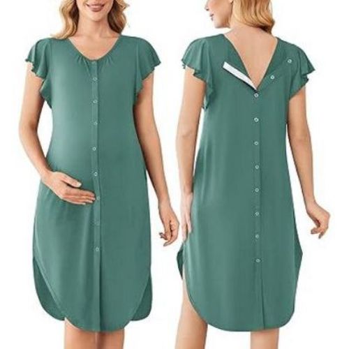 Ekouaer Labor and Delivery Gown 3 in 1 Nursing/Hospital/Breastfeeding/Maternity Flying Short Sleeve Nightgown with Button Celadon Green M
