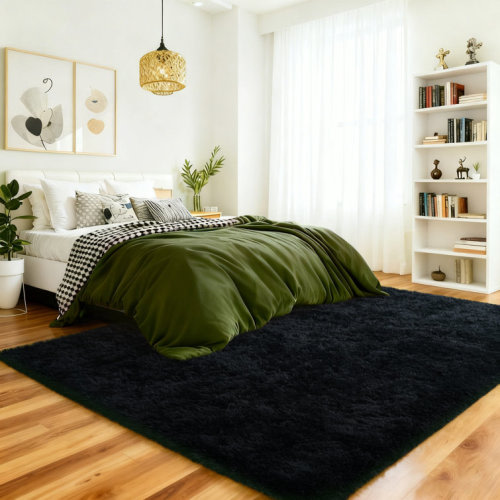Soft Black Shag Rugs for Living Room, Indoor Area Rug for Bedroom Home Decor