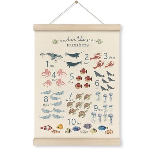 HRQKO Ocean Numbers Poster Hanger Frame, Ocean Nursery Decor, Sea Animal Wall Art, Numbers ABC Poster Wall Art with Wooden Frames, Animal Wall Hanging Decor for Classroom Kids Playroom,12x16 Inch