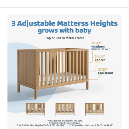 HARPPA Grevia | 5-in-1 Convertible Wooden Baby Crib – Compact Crib for Apartments, Newborn & Infant Bedding Solution, Ideal for Small Spaces