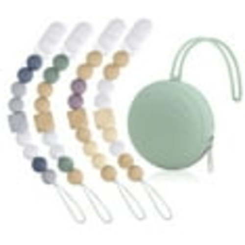 STONCEL 5 Pcs Pacifier Clip Set, 4pcs Neutral Pacifier Clips, Silicone Pacifier Clip Holder for Baby Boys Girls with 1pc Portable Silicone Pacifier Case (Green)