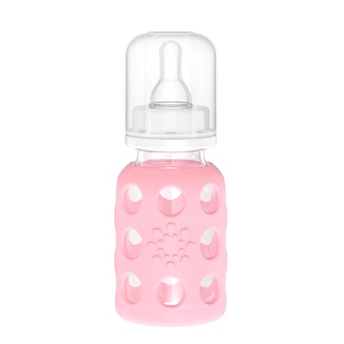 Lifefactory 4-Ounce Glass Baby Bottle with Protective Silicone Sleeve and Stage 1 Nipple Pink (LF110003C4)