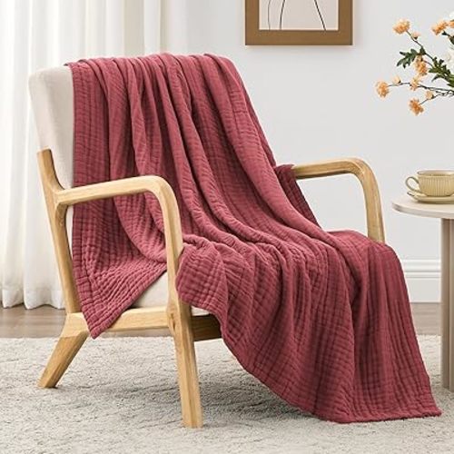Love's cabin 100% Cotton Muslin Blanket, 6 Layer Lightweight Breathable Gauze Throw Blanket 50 x 60 Inches, Soft All Season Blanket for Couch, Bed, Sofa, Wine Red