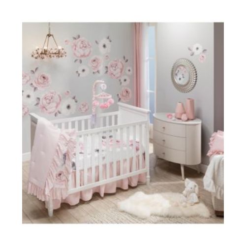 Floral Garden Watercolor/Pink Linen 5-Piece Baby Crib Bedding Set