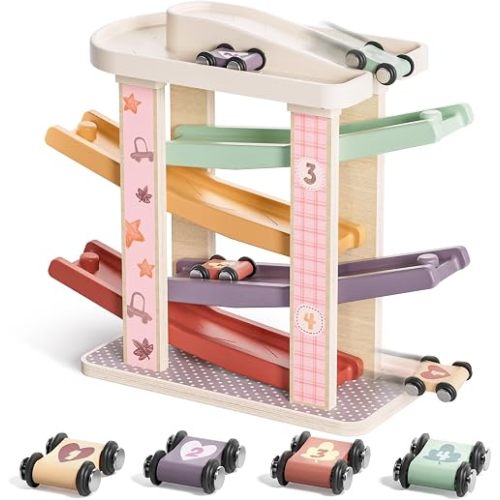 TOP BRIGHT Toddler Toys for 1 Year Old Girl Gifts, Wooden Car Ramp Race Track Set, Car Toys for Toddlers with 4 Cars and a Garage, Montessori Toys for 2 Year Old Girl, Birthday Gift for Age 18+ Month