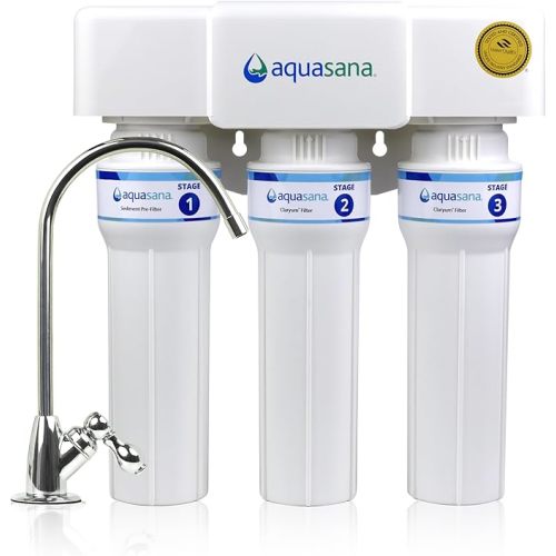 Aquasana Under Sink Water Filter | 3-Stage Max Flow Claryum Filtration | WQA Certified to Reduce PFAS, Lead & Chlorine | Under Counter Drinking Water Filter | Brushed Nickel Faucet | AQ-6300M-BN