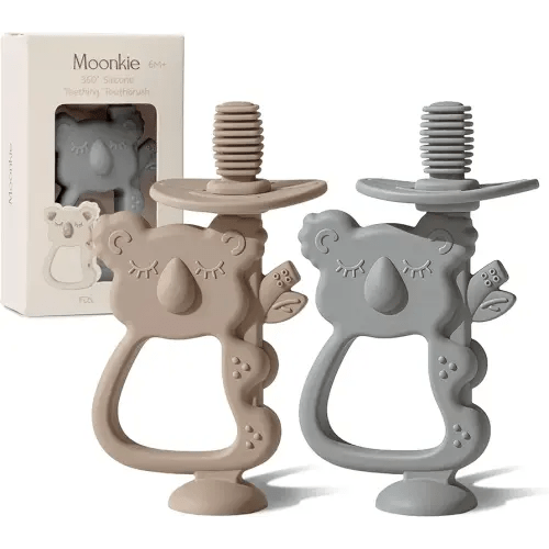 Moonkie Teething Toy Set of 2, Safe & Easy to Hold BPA Free Silicone Teethers, 360° Baby Toothbrush with Suction Base, Teether Toys Best for Babies 6-12 Months (Koala Warm Taupe/Lunar Grey)