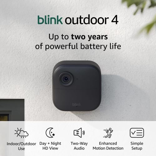 Like-New Blink Outdoor 4 (newest model), Wire-free smart security camera, two-year battery life, two-way audio, HD live view, enhanced motion detection, Works with Alexa – 2 camera system