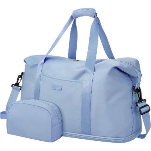 Expandable Travel Duffle Bag with Toiletry Bag, Weekender Overnight Hospital Bag for Women, Waterproof and Multi-Compartment Light Blue Large