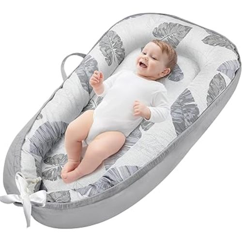 JIFTOK Baby Nests Lounger for Newborn, Snuggle Sleeping Bassinet for 0-24M, Breathable Portable Co Sleeping Bed, Baby Essentials Adjustable Infant Soft Cotton Loungers for Home & Travel -Leaves