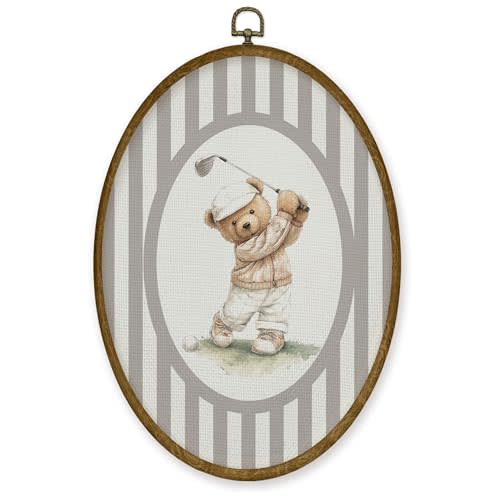 JMENGSSFL Vintage Golf Bear Nursery Oval Wall Art Decor, Golf Bear Canvas Prints, Neutral Gingham Sports Framed Wall Art for Kids Boy Toddler Room Playroom Decor, 8.6x11.4 Inch