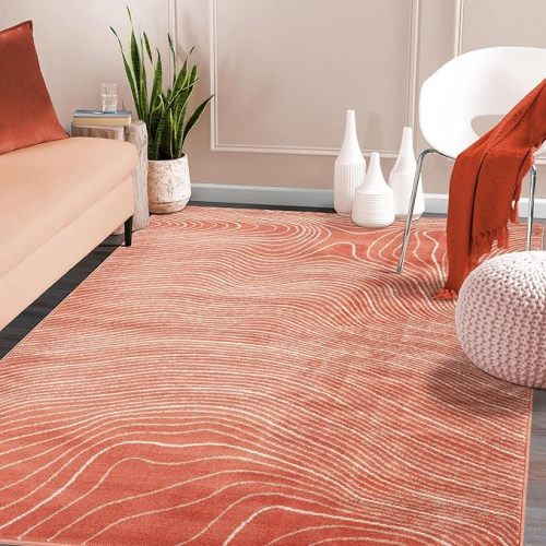 Superior Indoor Area Rug, Plush Carpet Cover, High-Traffic Rugs, Jute Backing, Hallways, Entry, Office, Living Room, Kitchen, Modern Abstract Wood Grain, Veer Collection, 5' x 8', Coral
