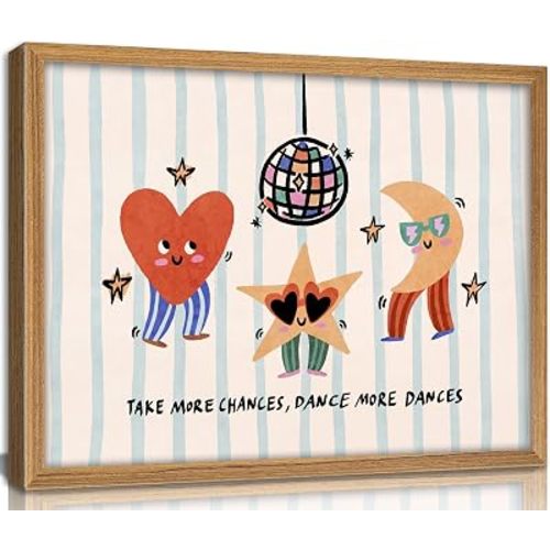 Framed Cute Dance Nursery Wall Art Heart Star Moon Disco Ball Wall Decor Whimsical Nursery Painting Picture Colorful Cartoon with Take More Chances Dance More Dances Print for Playroom Kids Room